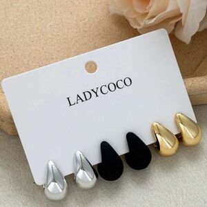 Gold, Silver, and Black Teardrop Earrings Set